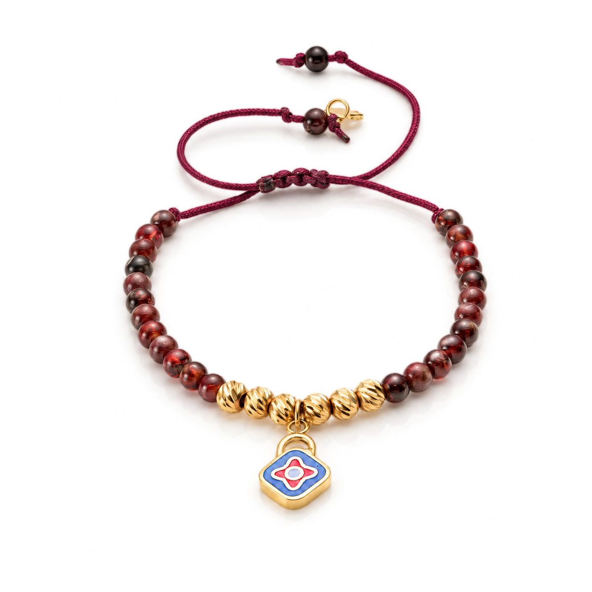 18K Gold Beads and Padlock with Garnet Stones Bracelet