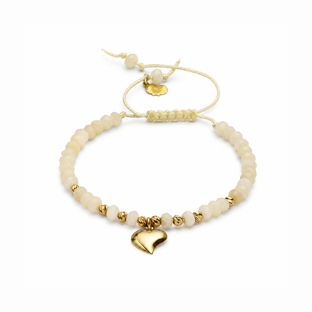 18K Gold Beads and Heart with White Gemstones Bracelet