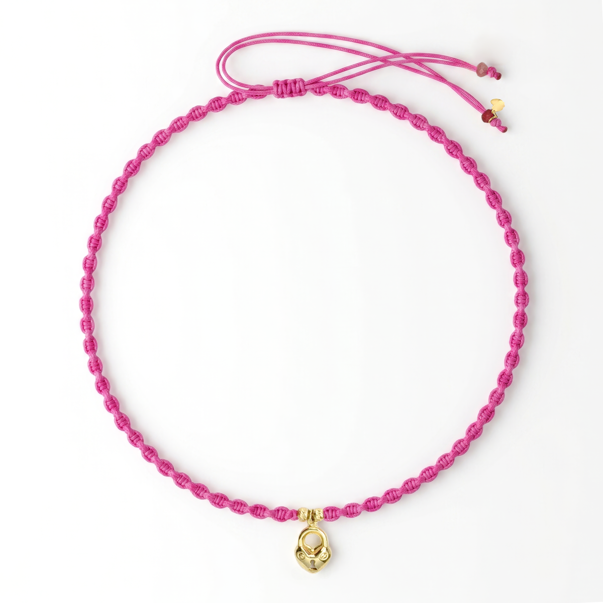 18K Gold Beads and Heart Padlock Pink Twisted Necklace