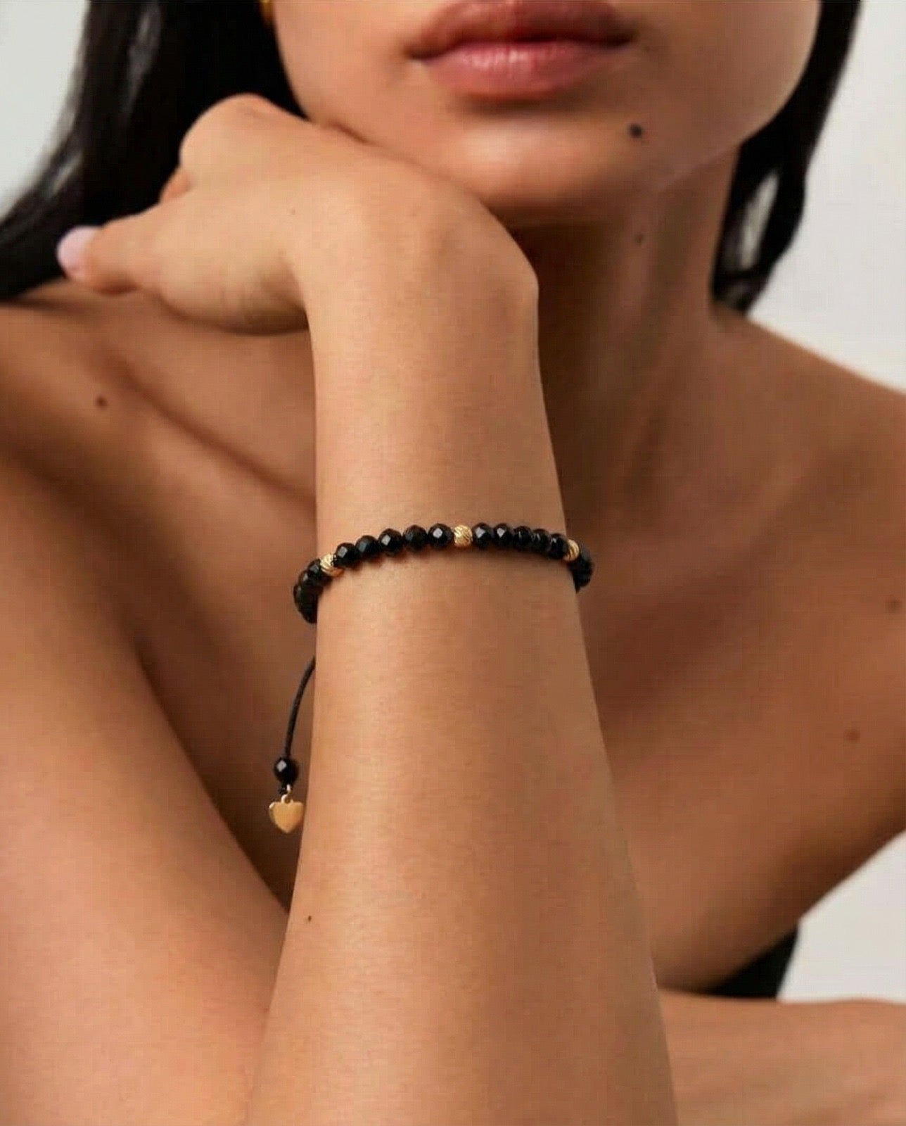 18K Gold & Black Gemstones Cord Bracelet