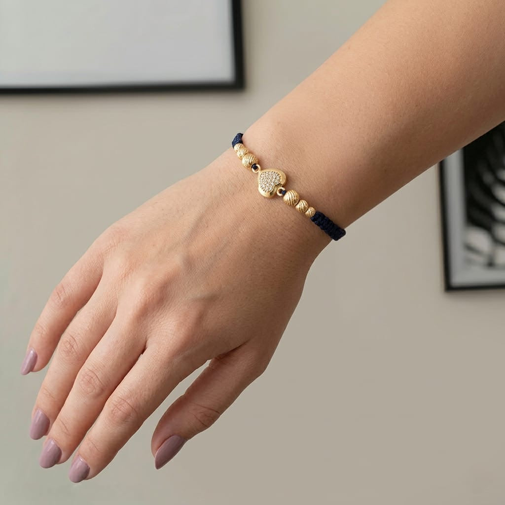 18K Gold Beads and Mini Heart Braided Bracelet