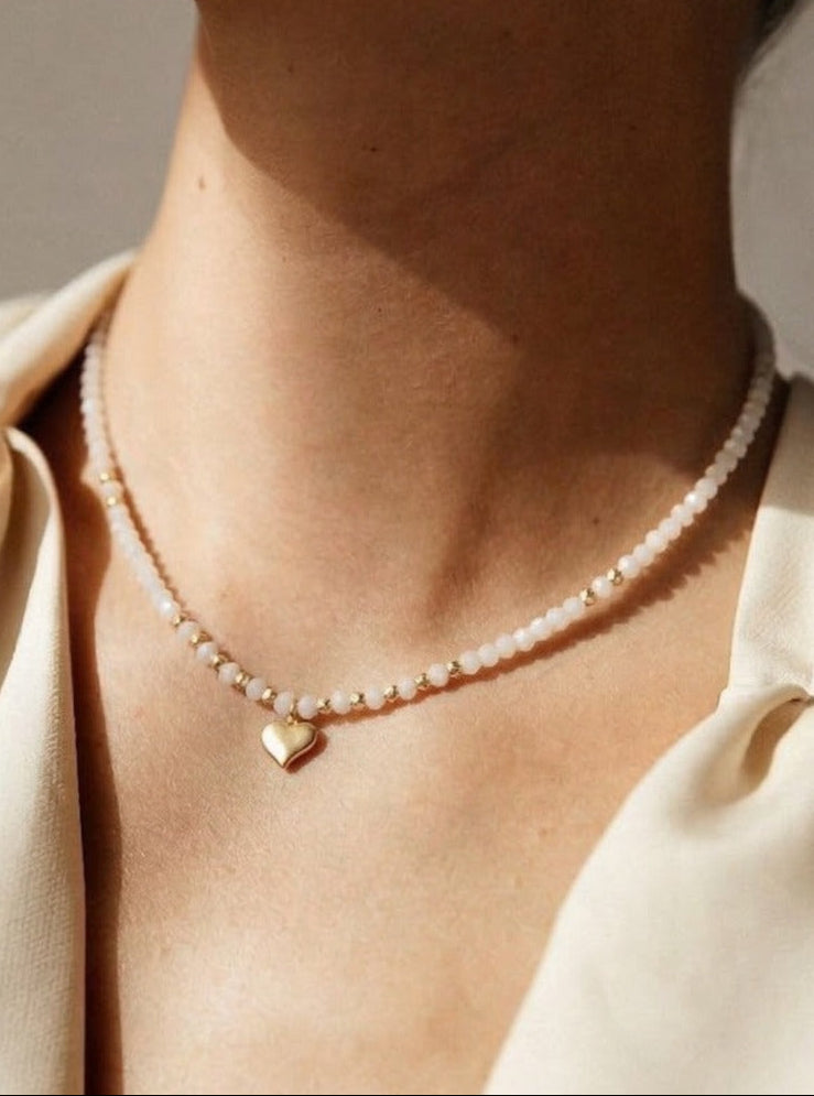 18K Gold Heart and Beads with Gemstones Necklace