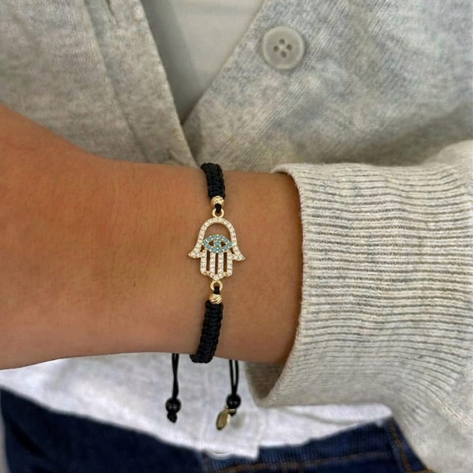 18K Gold Hamsa Hand Black Braided Bracelet