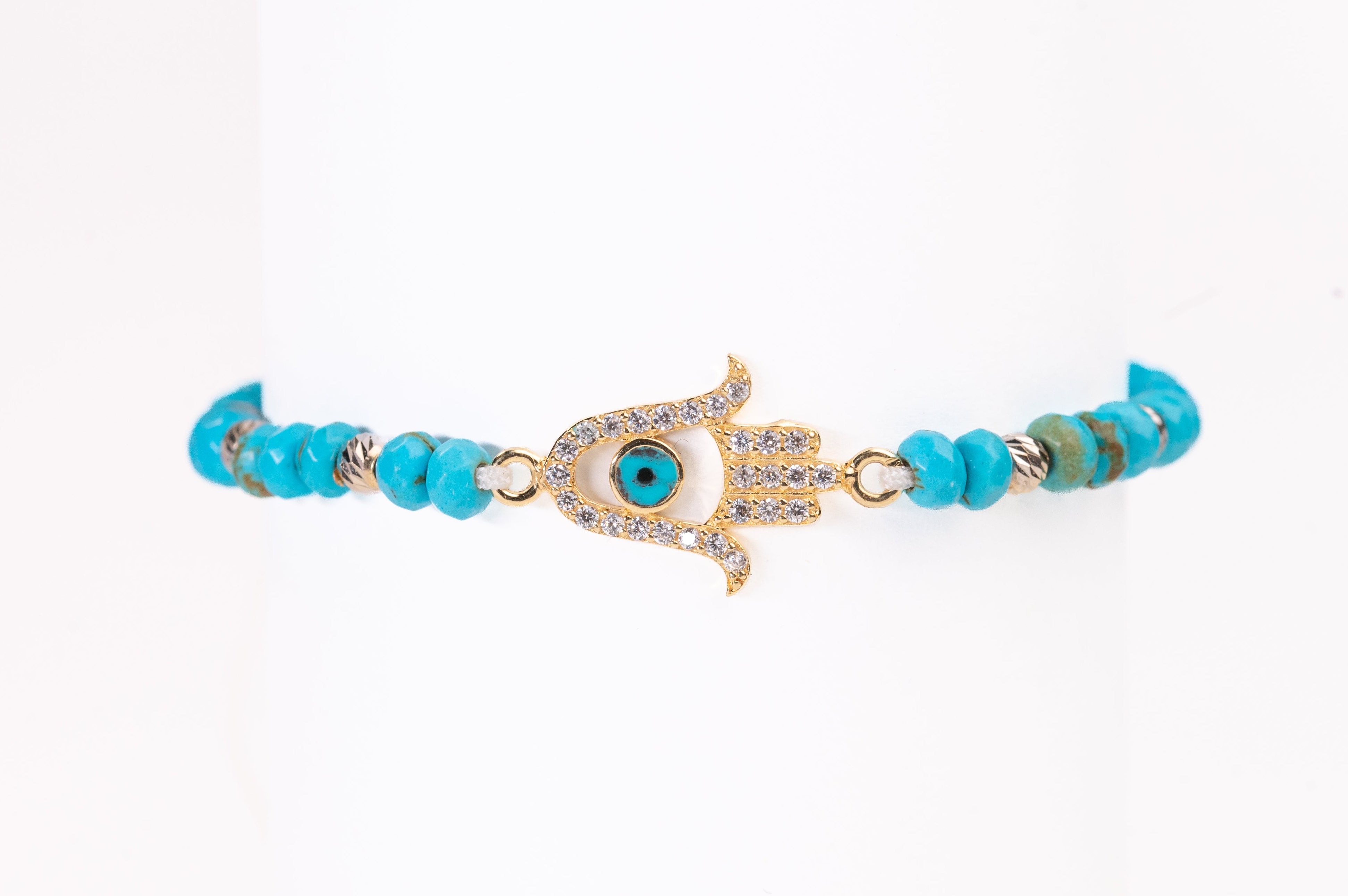 18K Gold Hamsa Hand with Blue Gemstones Braided Bracelet