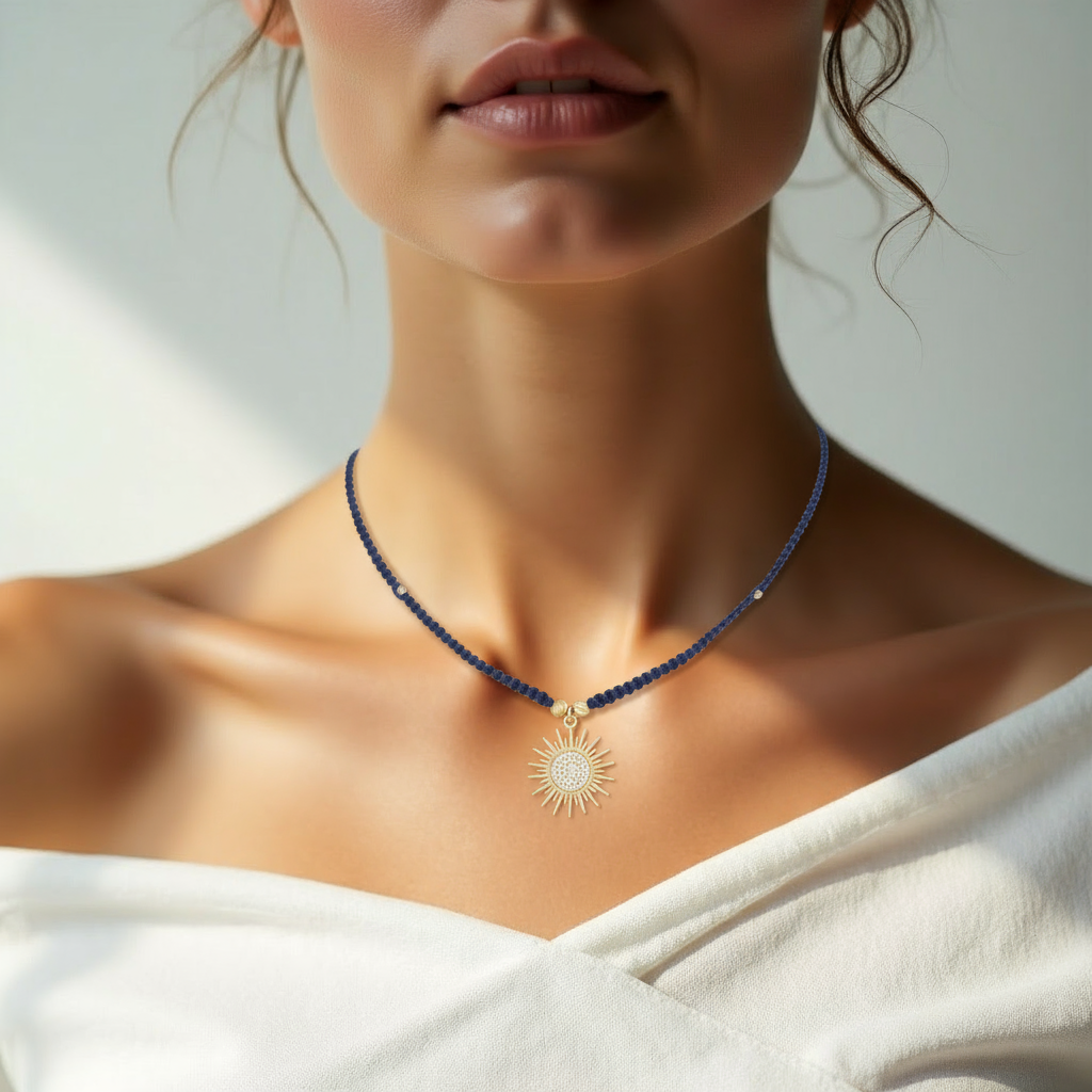 18K Gold Navy Blue Spiky Sun Braided Necklace