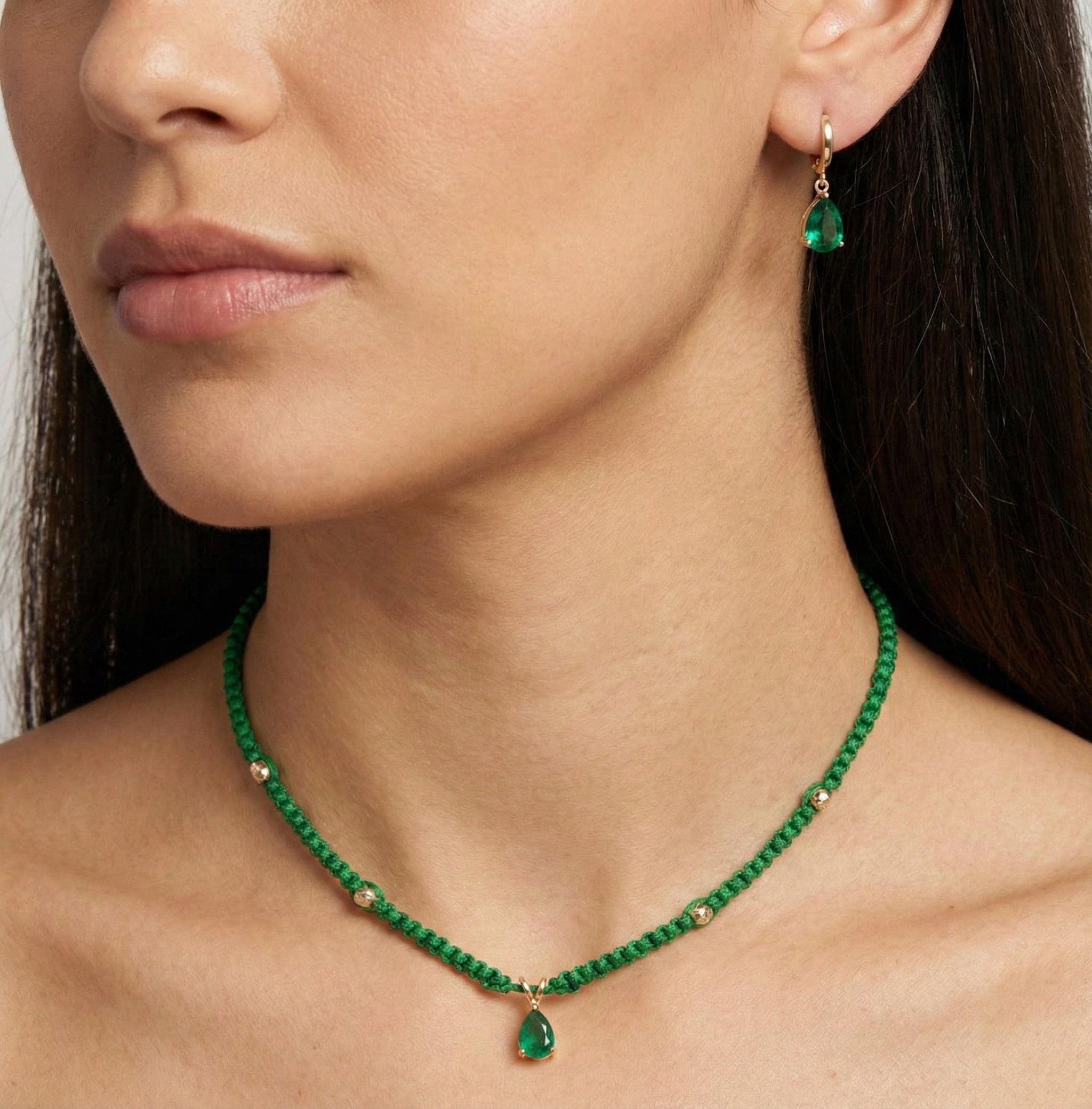 18K Gold Green Gem Braided Necklace