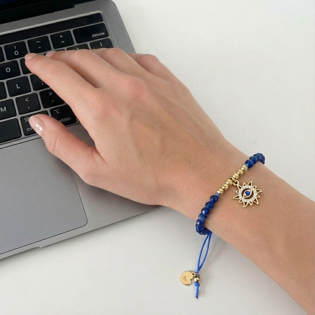18K Gold Eye of the Sun & Blue Gemstones Cord Bracelet