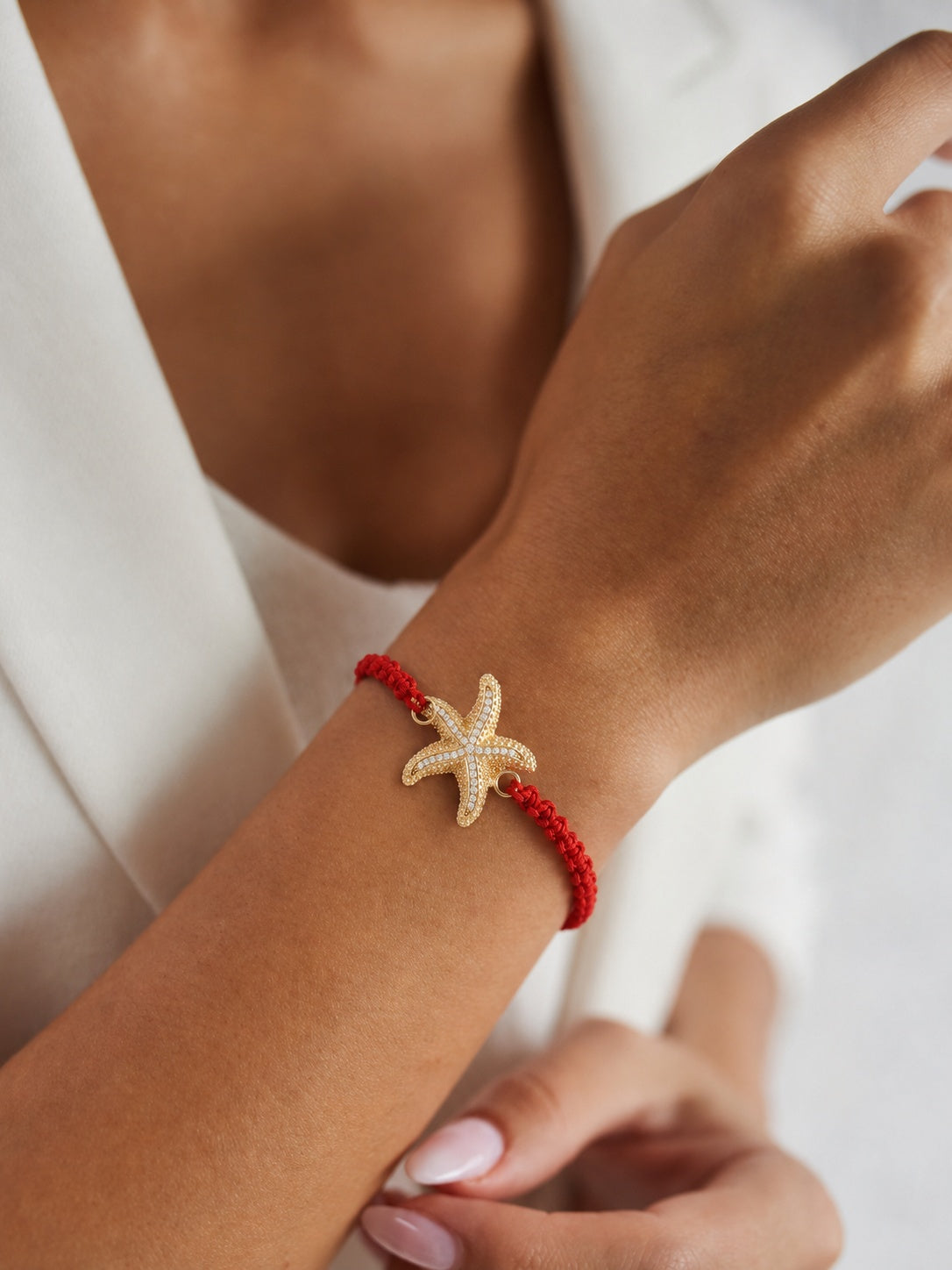 18K Gold Starfish Red Braided Bracelet
