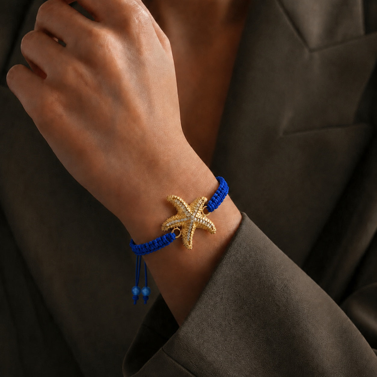 18K Gold Starfish Blue Braided Bracelet