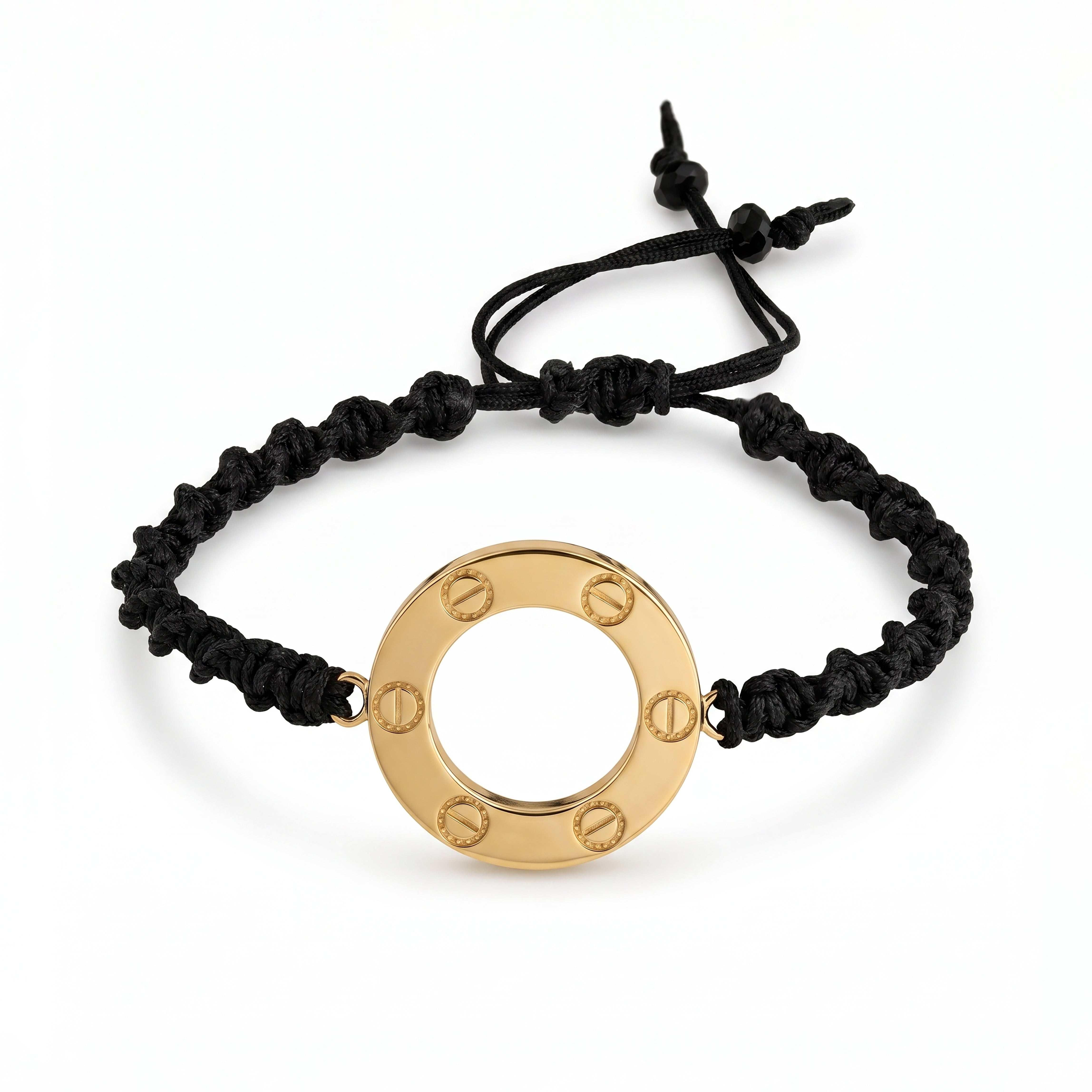18K Gold Open Circle Black Braided Bracelet
