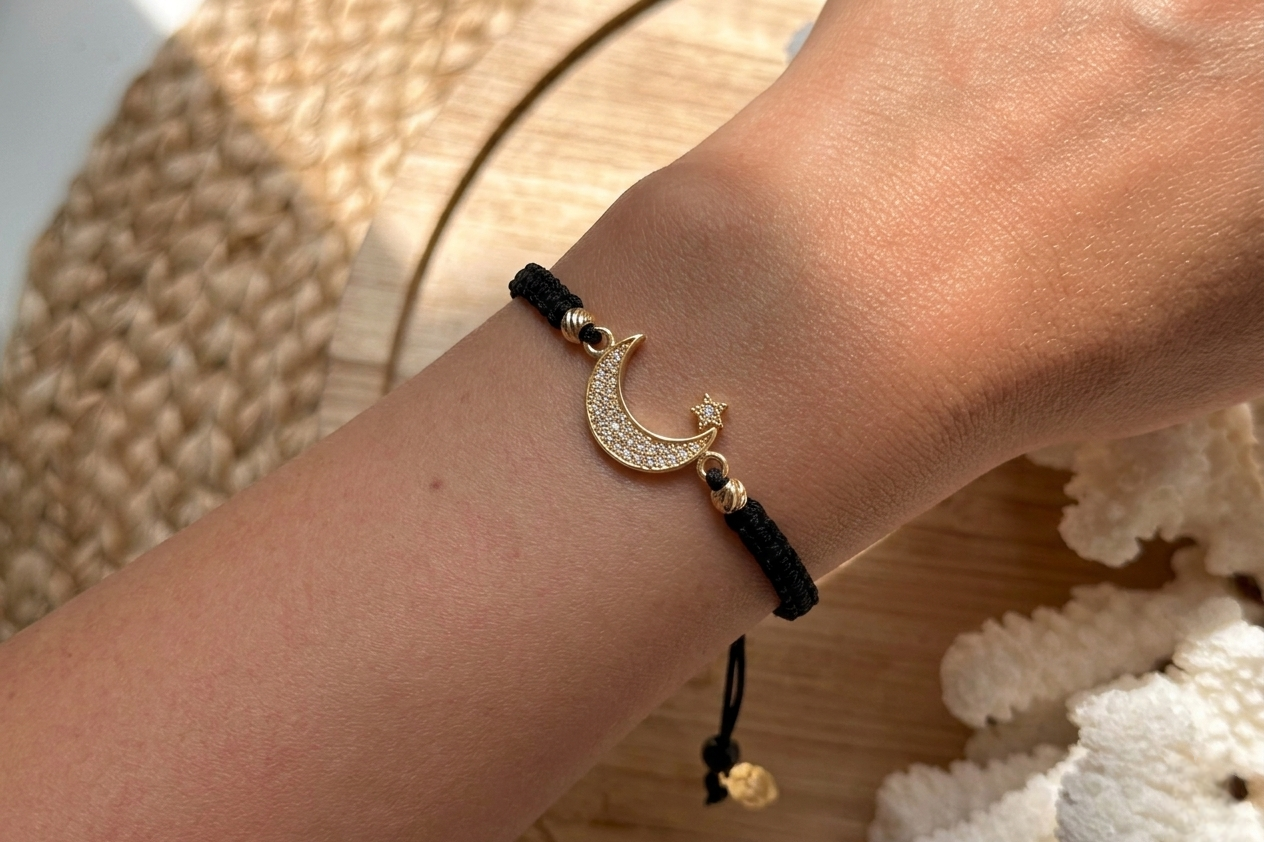 18K Gold Moon Star Charm Braided Bracelet