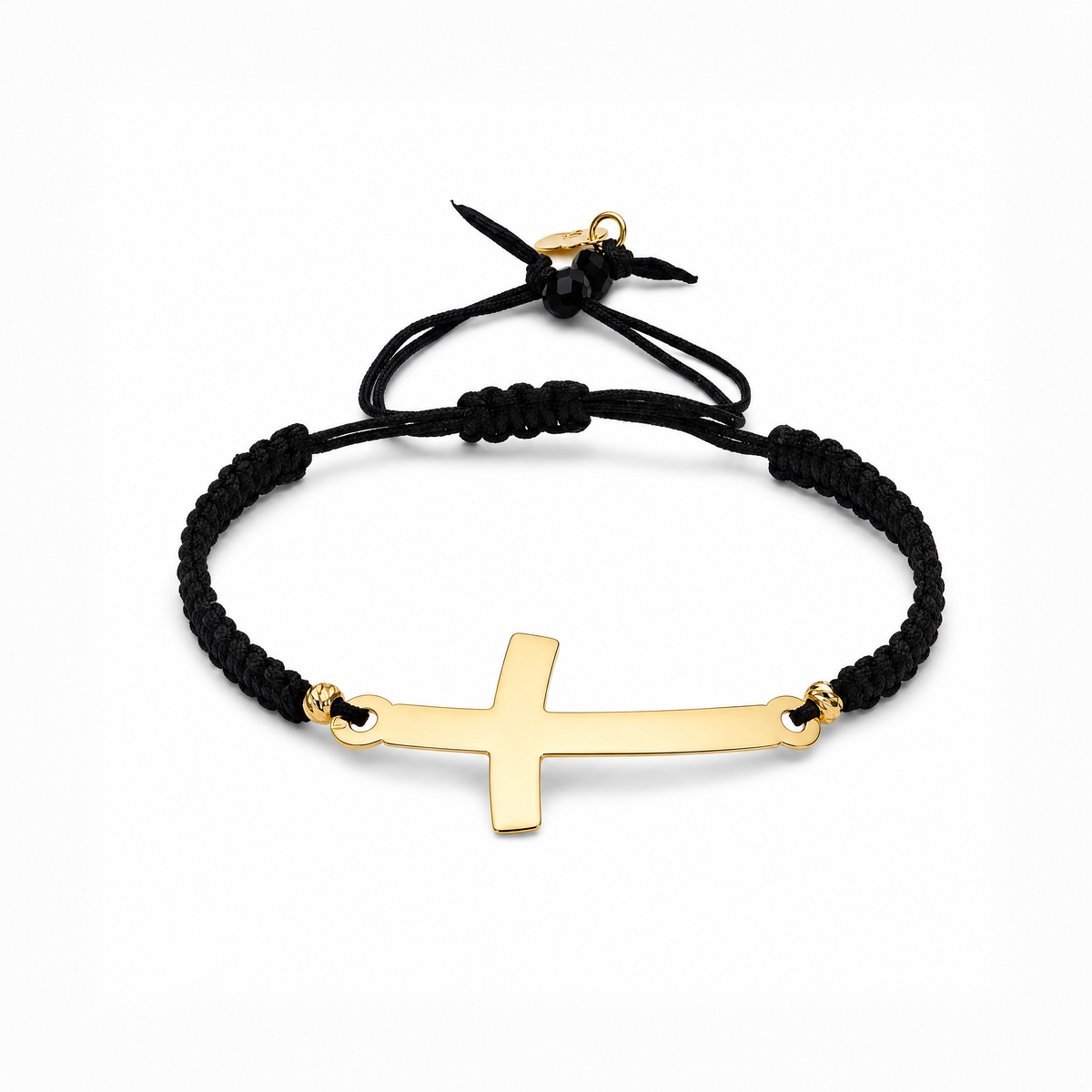 18K Gold Cross Black Braided Bracelet