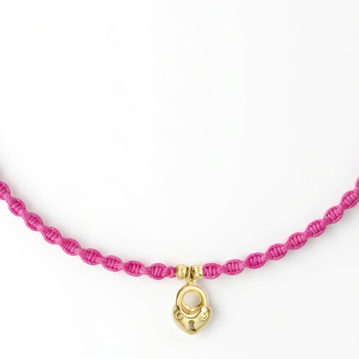 18K Gold Beads and Heart Padlock Pink Twisted Necklace