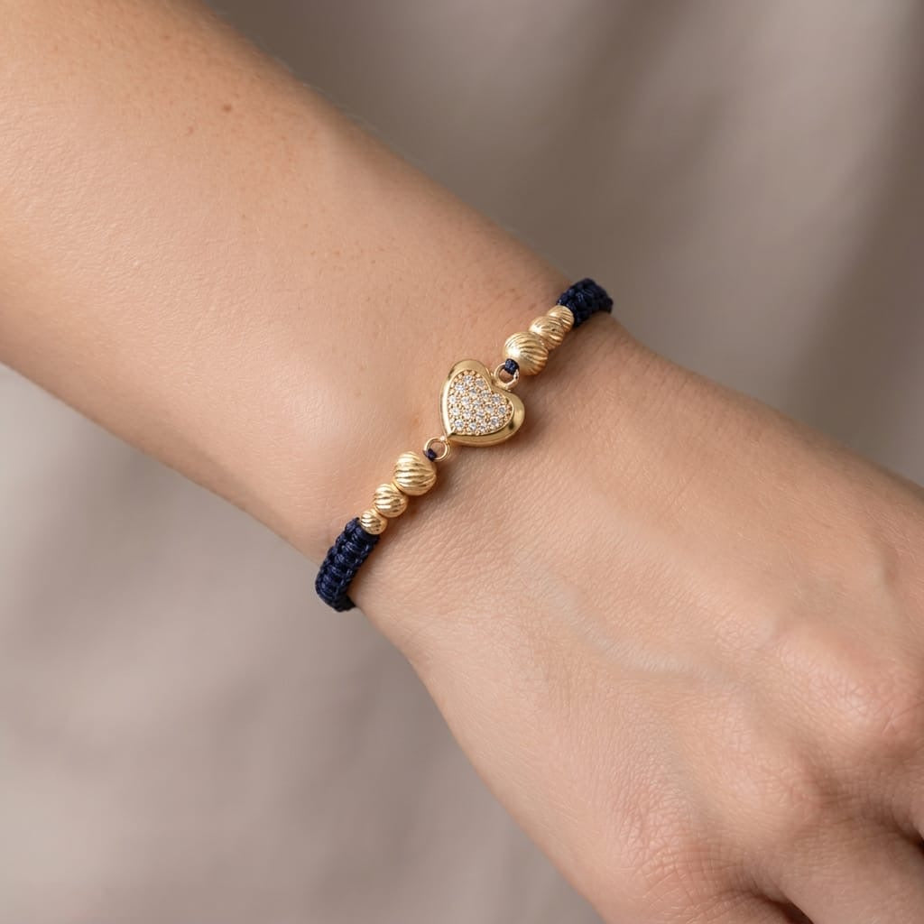 18K Gold Beads and Mini Heart Braided Bracelet