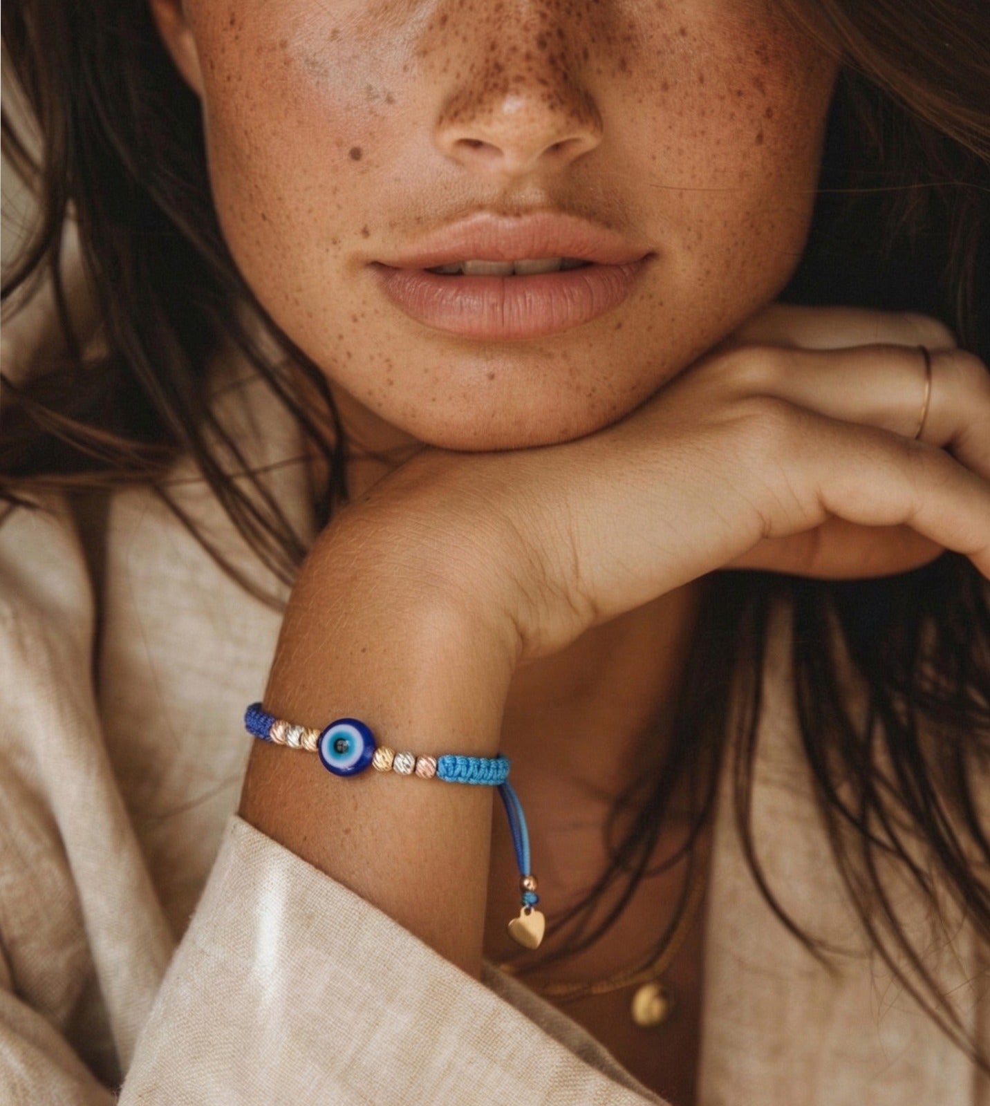 18K Gold beads and Evil Eye Charm Blue Braided Bracelet