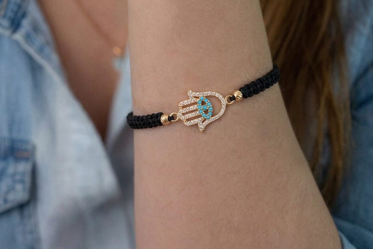 18K Gold Hamsa Hand Black Braided Bracelet