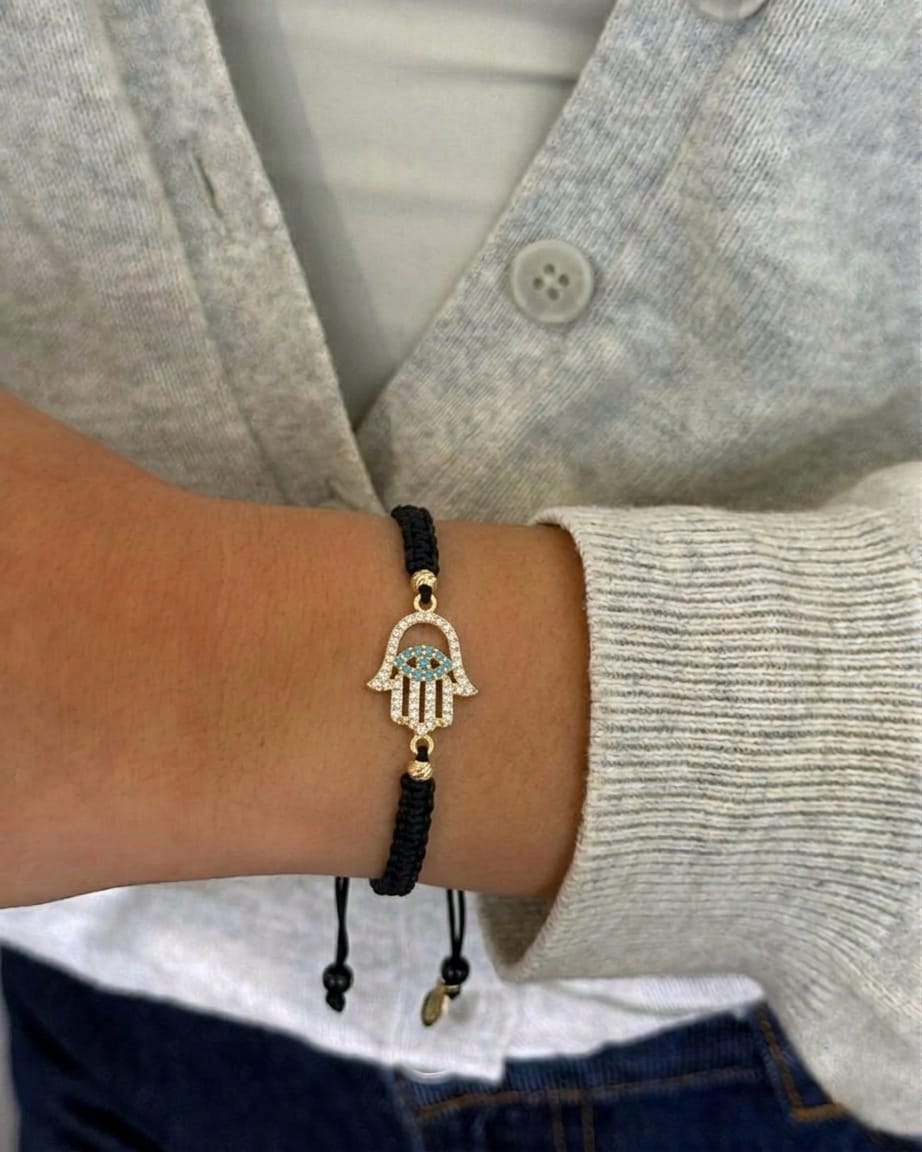 18K Gold Hamsa Hand Black Braided Bracelet
