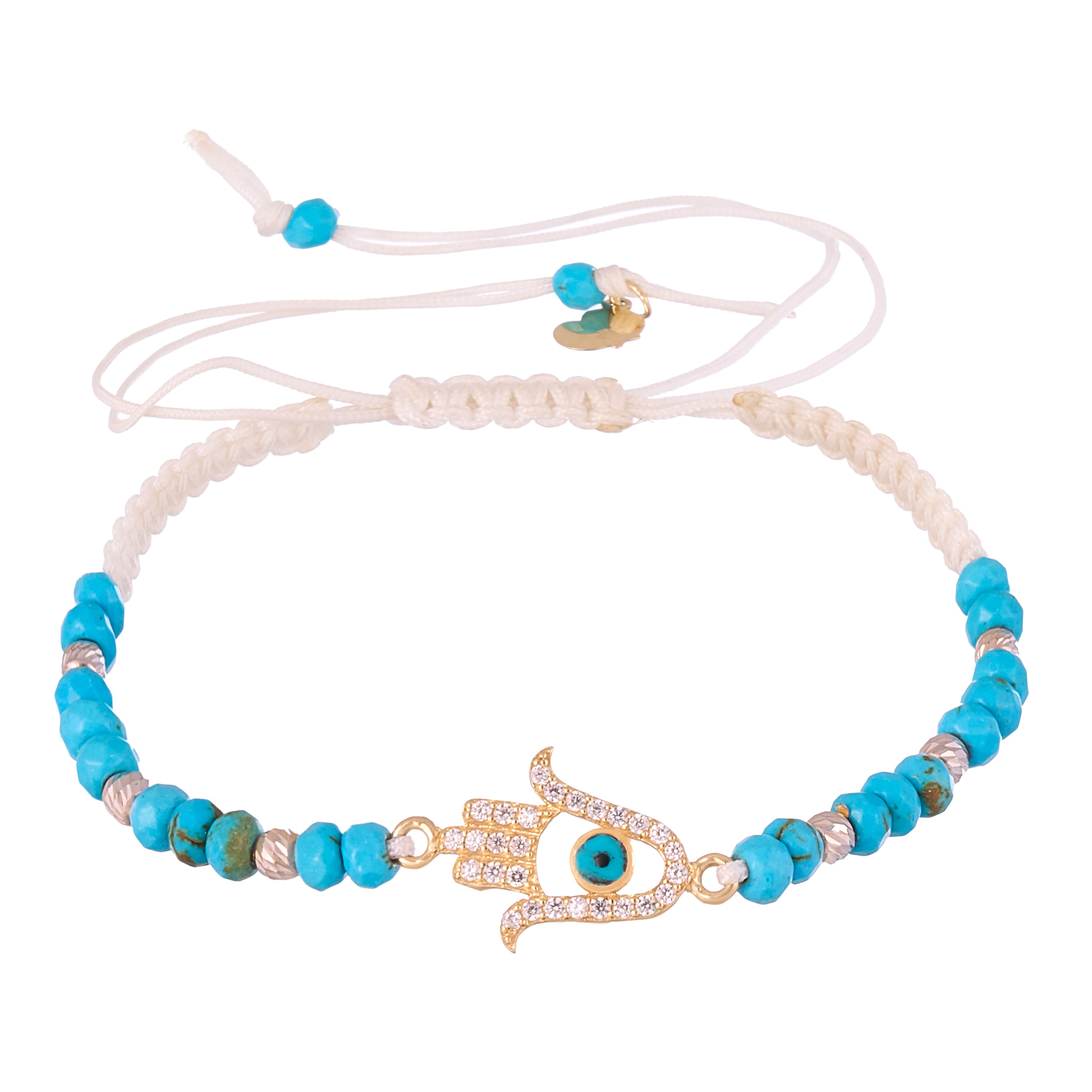 18K Gold Hamsa Hand with Blue Gemstones Braided Bracelet