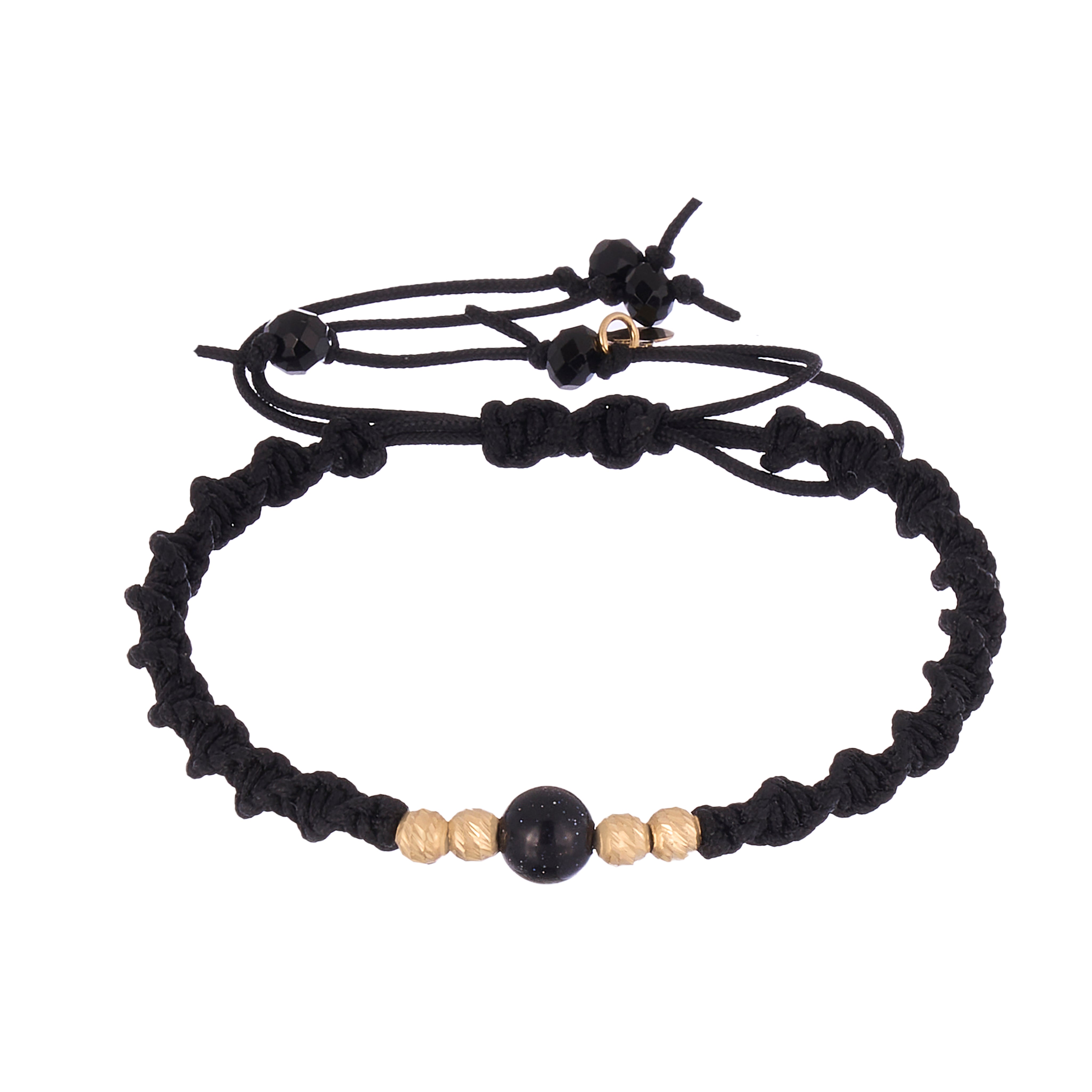 18K Gold and Shiny Black Stone Braided Bracelet