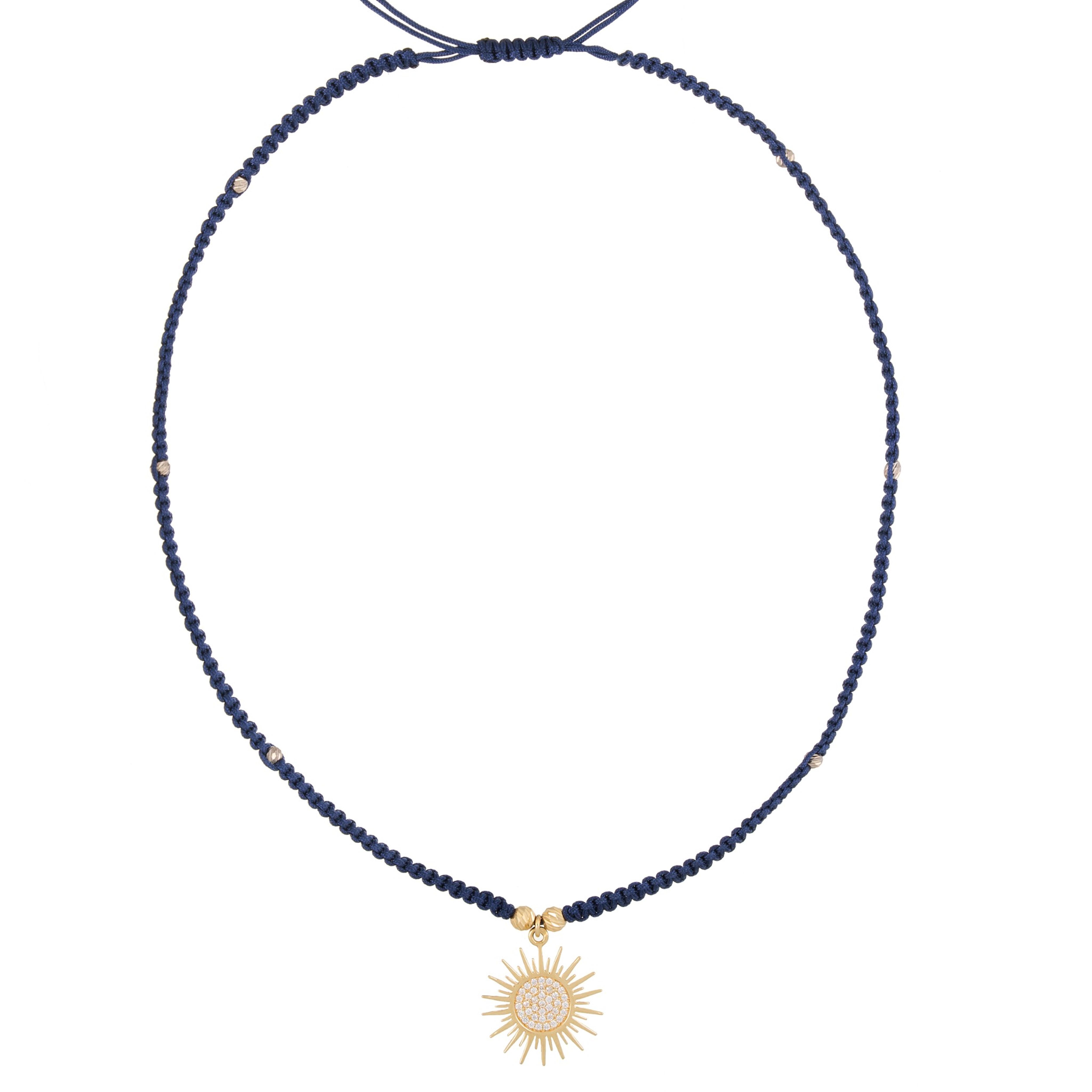 18K Gold Navy Blue Spiky Sun Braided Necklace