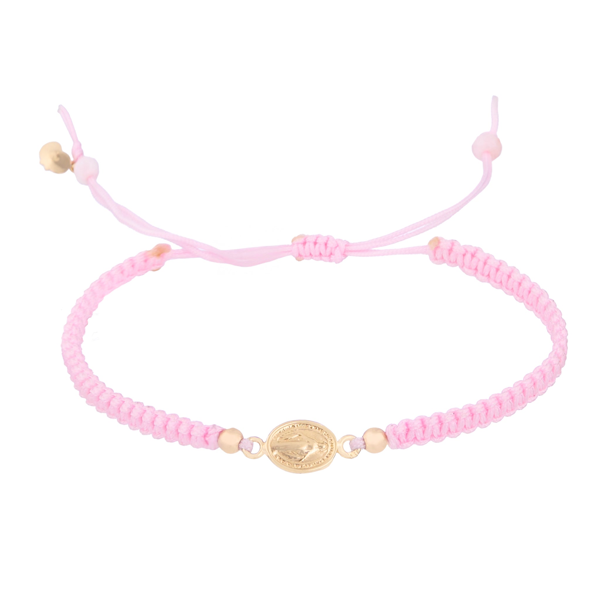 18K Gold Small Saint Mary Icon Pink Braided Bracelet