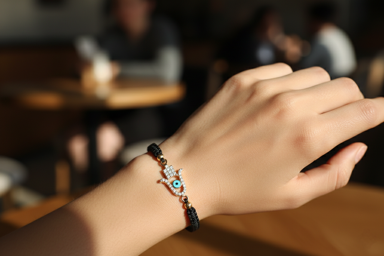18K Gold Hamsa Hand Black Braided Bracelet