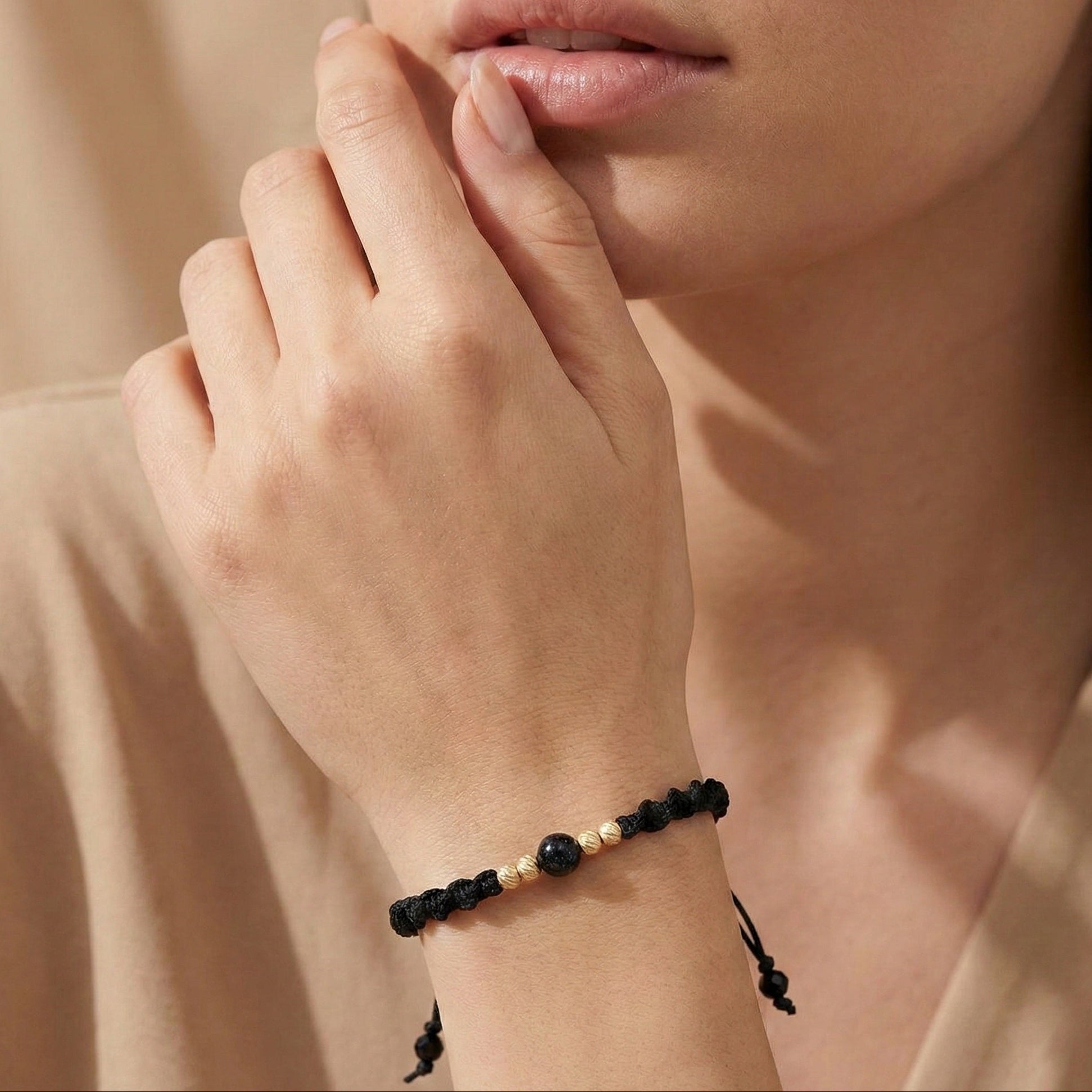 18K Gold and Shiny Black Stone Braided Bracelet