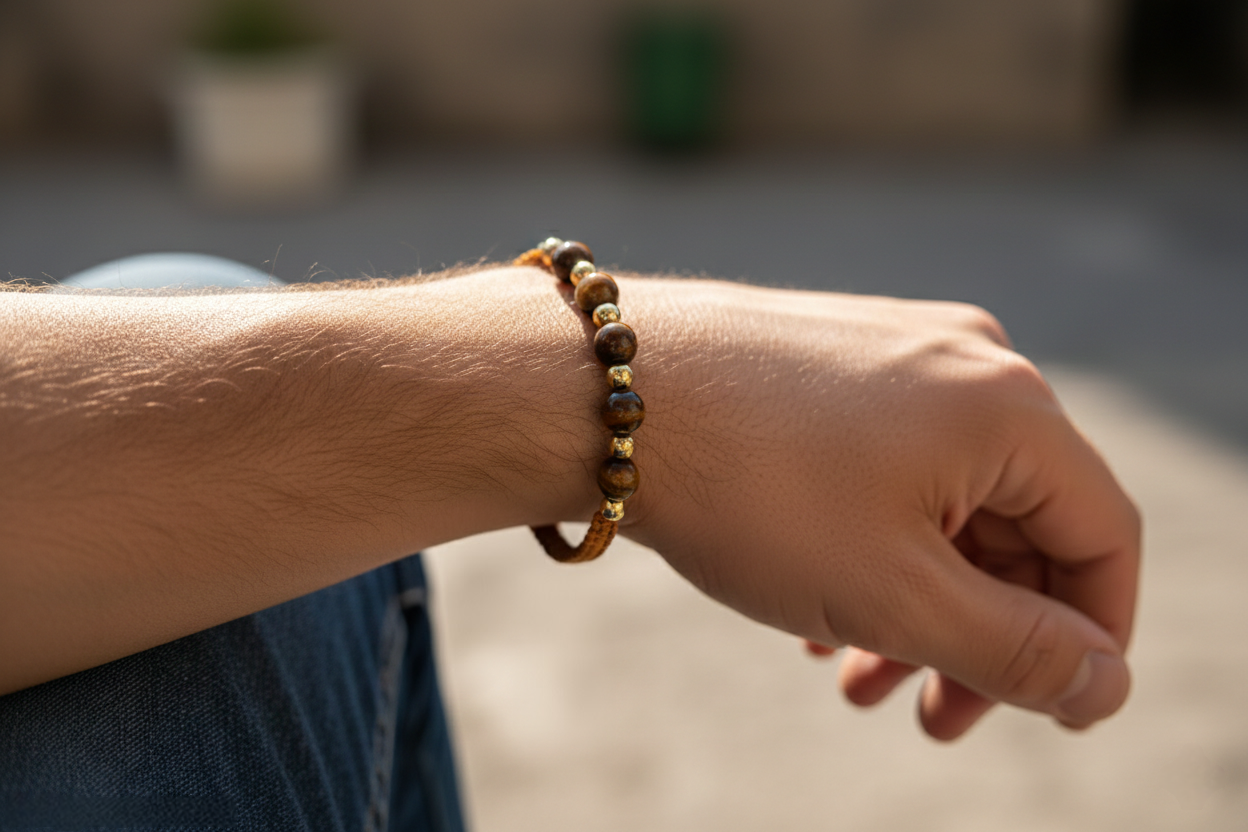 18K Gold Beads and Brownish Stones Braided Men's Bracelet