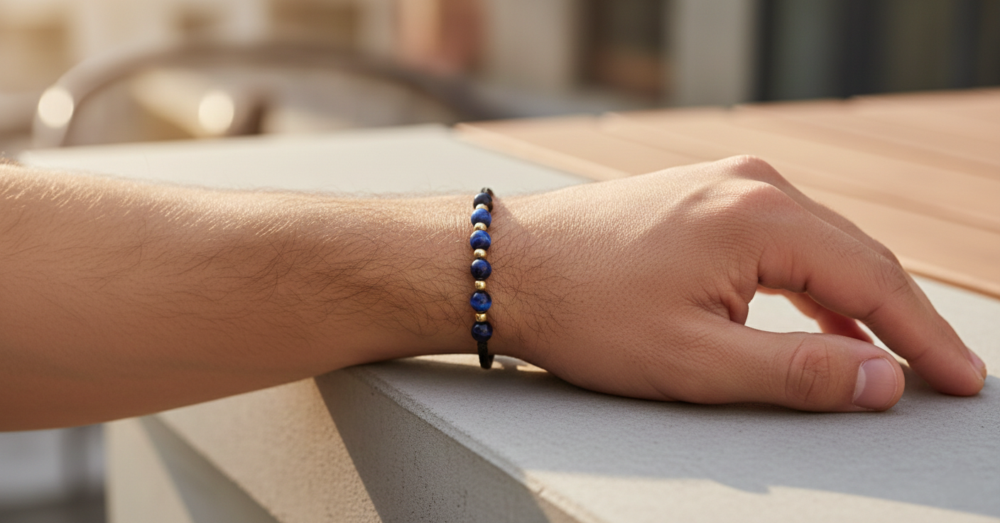 18K Gold and Dark Blue Stones Braided Men's Bracelet