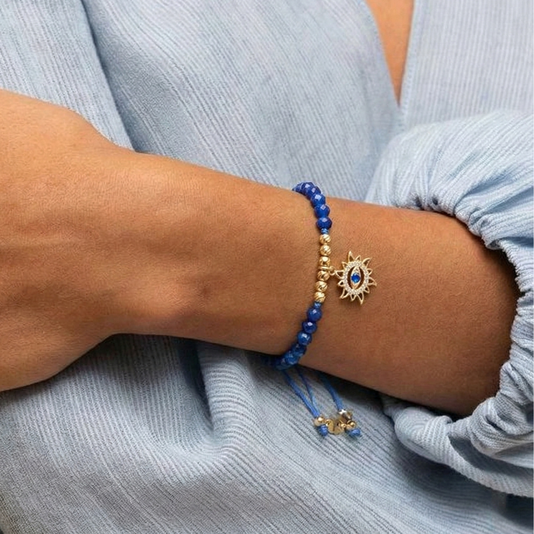 18K Gold Eye of the Sun & Blue Gemstones Cord Bracelet