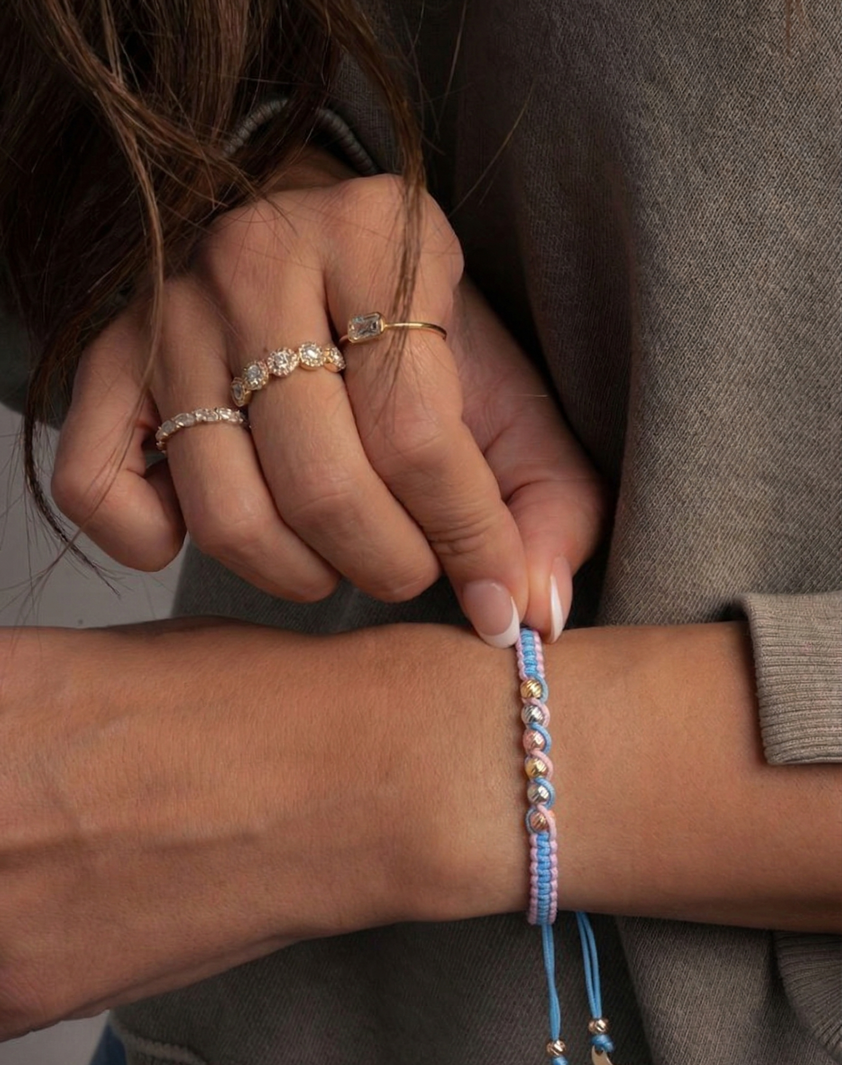 18K Gold Beads Blue and Pink Braided Bracelet